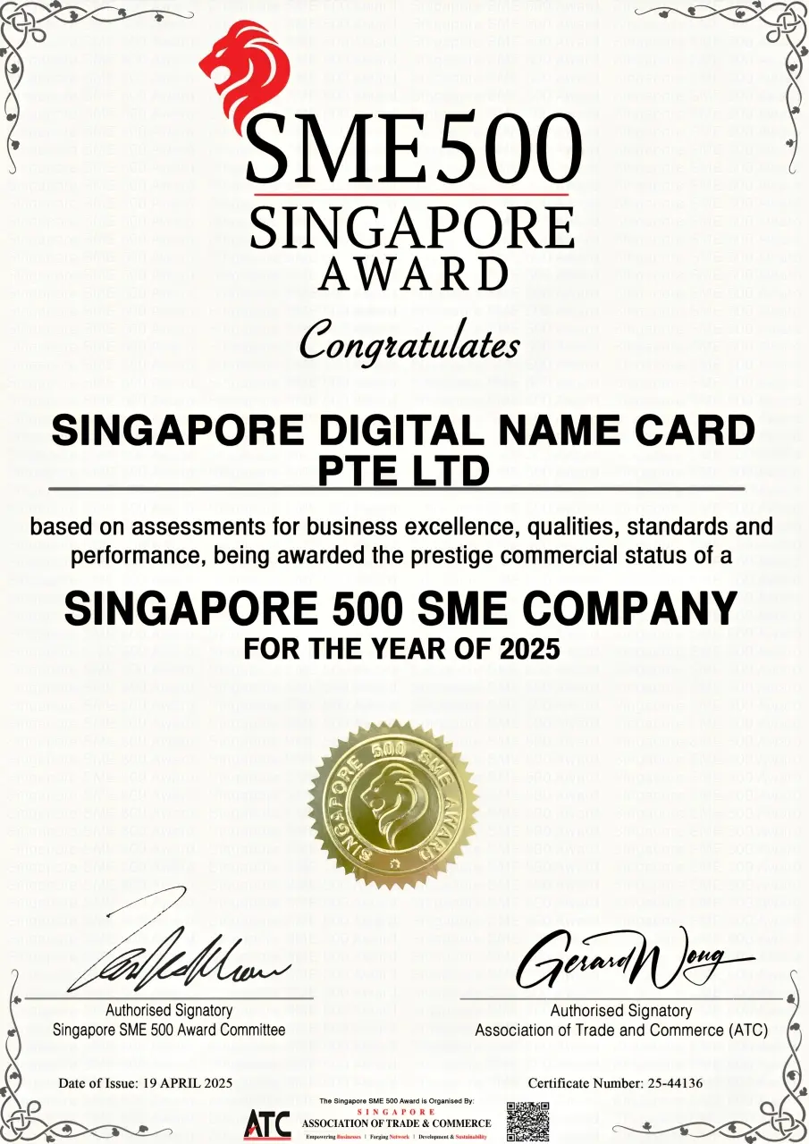 SME500 Singapore Award Certificate 2025 – Singapore Digital Name Card Pte Ltd