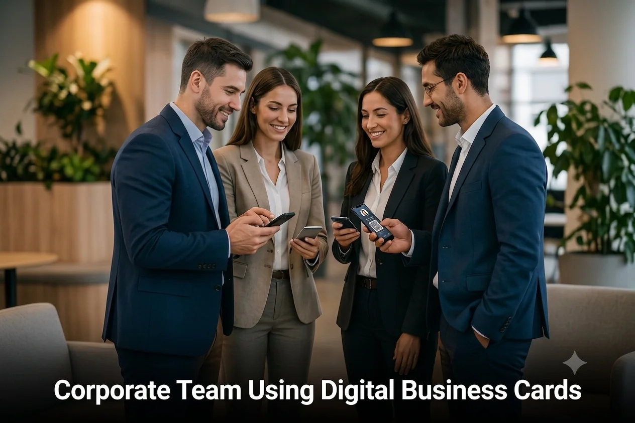 Corporate Team Using Digital Business Cards